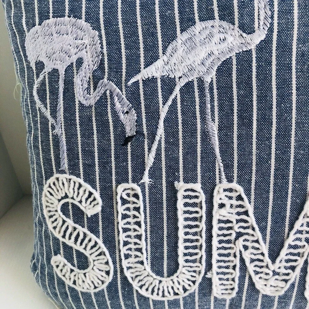 SECRET CELEBRITY 15” X 21” Blue White Decor pillow embroidered Summer Flamingos